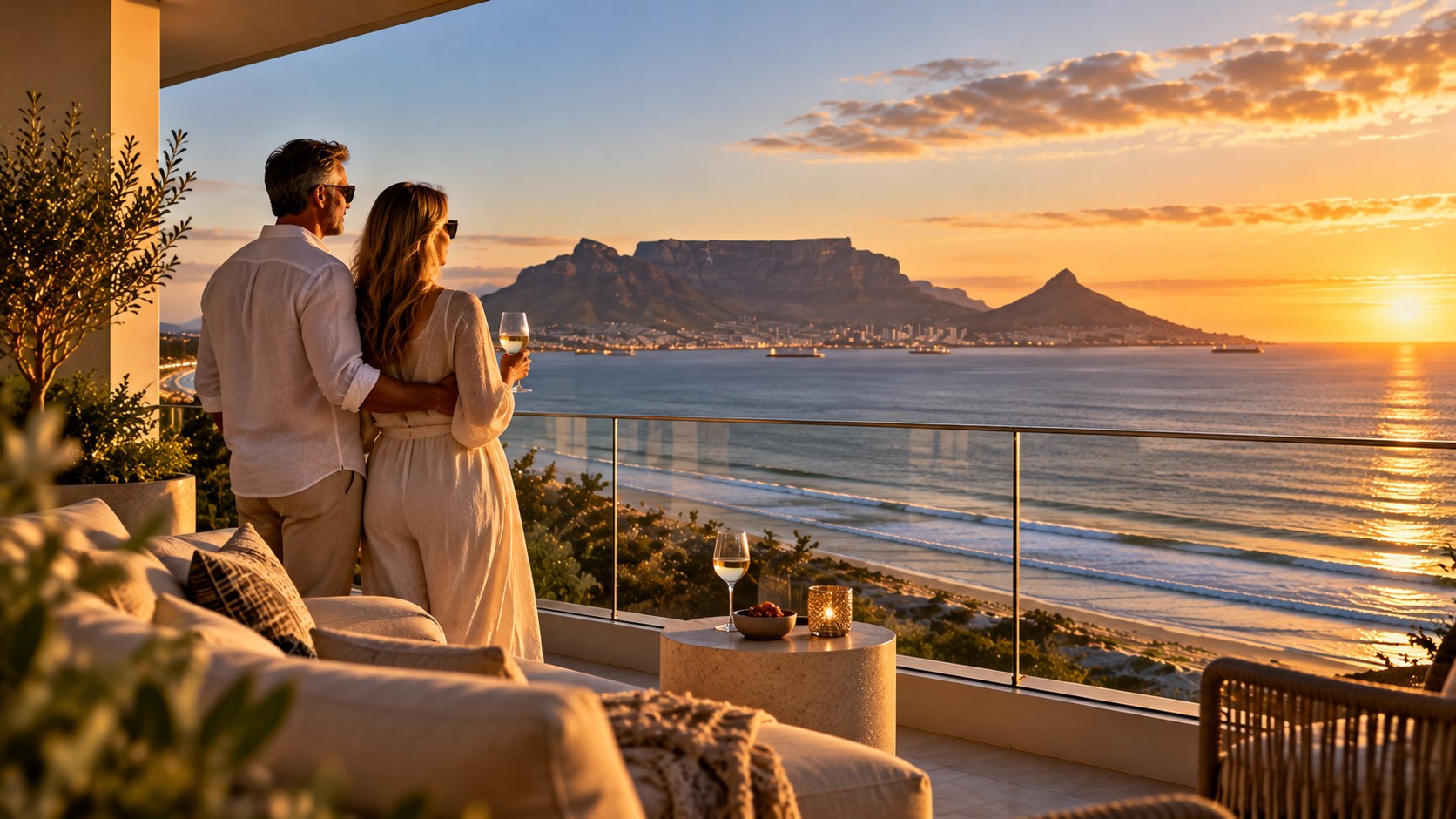 Couple on a terrace at sunset, looking across the bay to Table Mountain