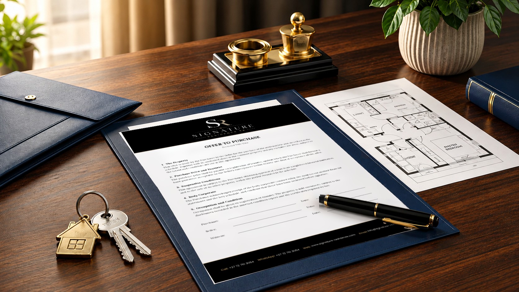 Signature Residence SA offer to purchase on a desk with a floor plan, pen and house keys