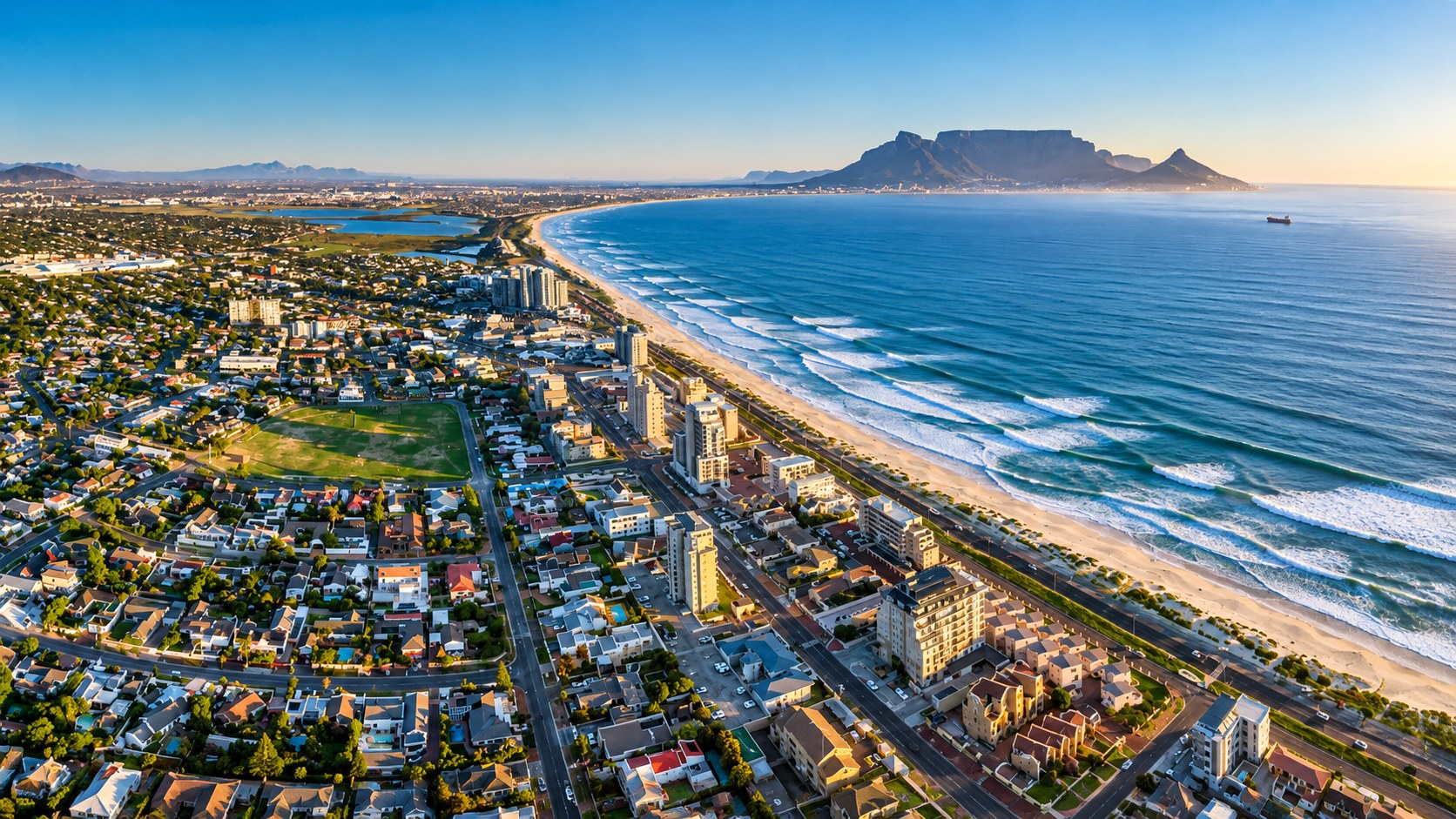 Blouberg beachfront with Table Mountain across the bay at golden hour