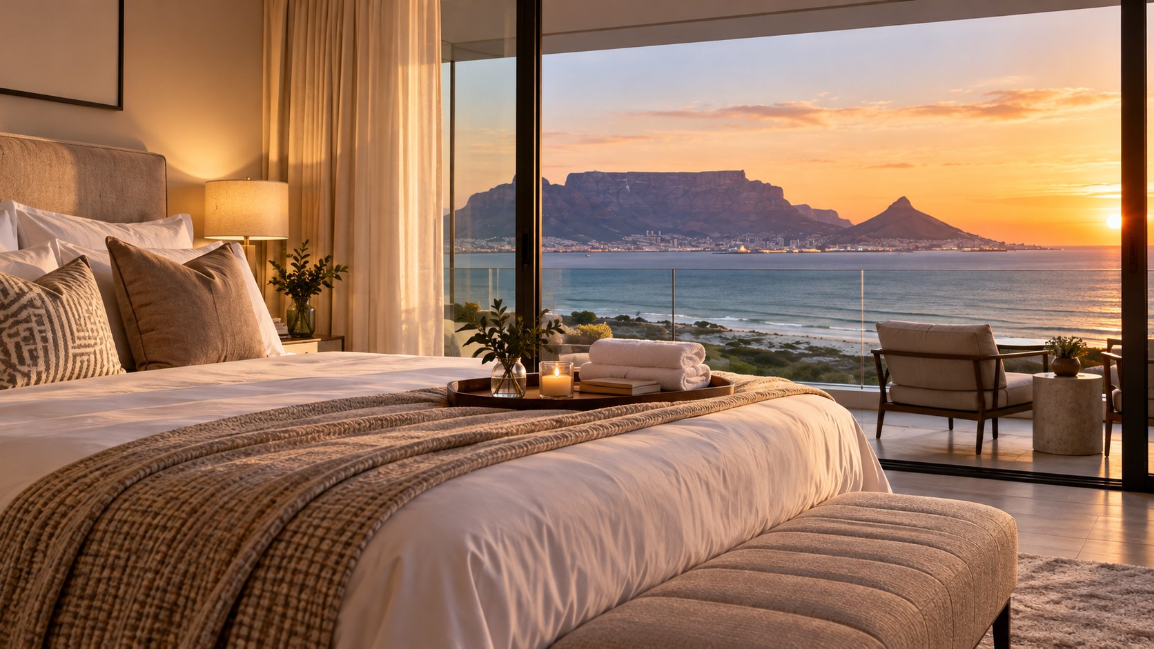 Guest-ready bedroom with fresh linen and a sunset view of Table Mountain across the bay