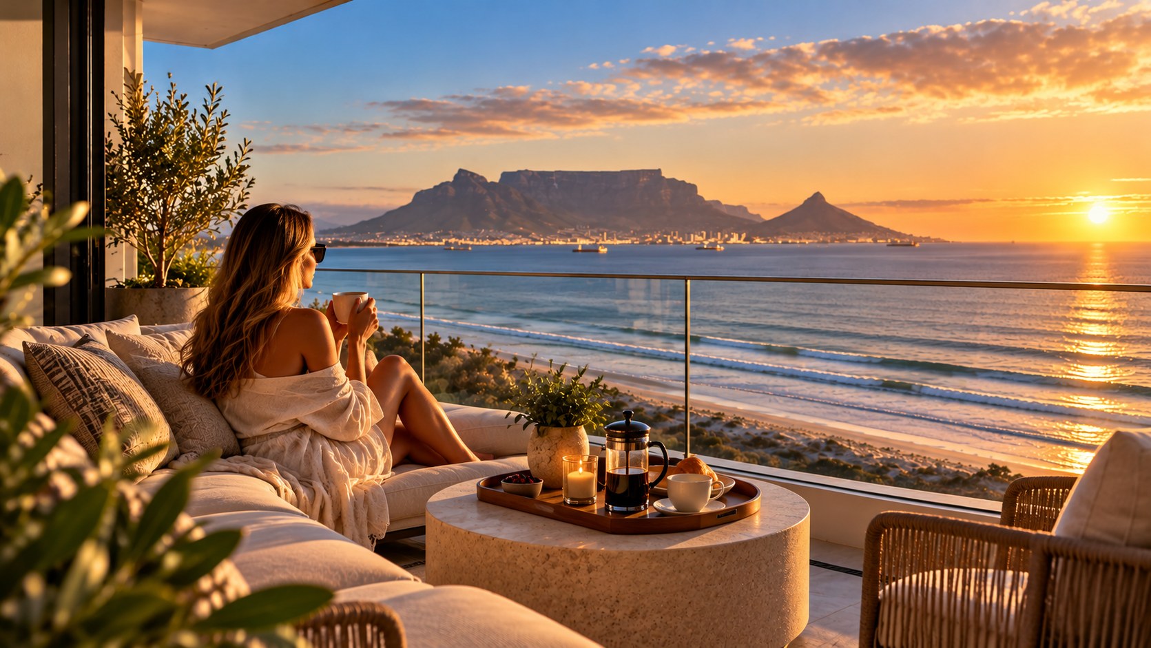 Guest enjoying coffee on a balcony overlooking the beach and Table Mountain at sunrise