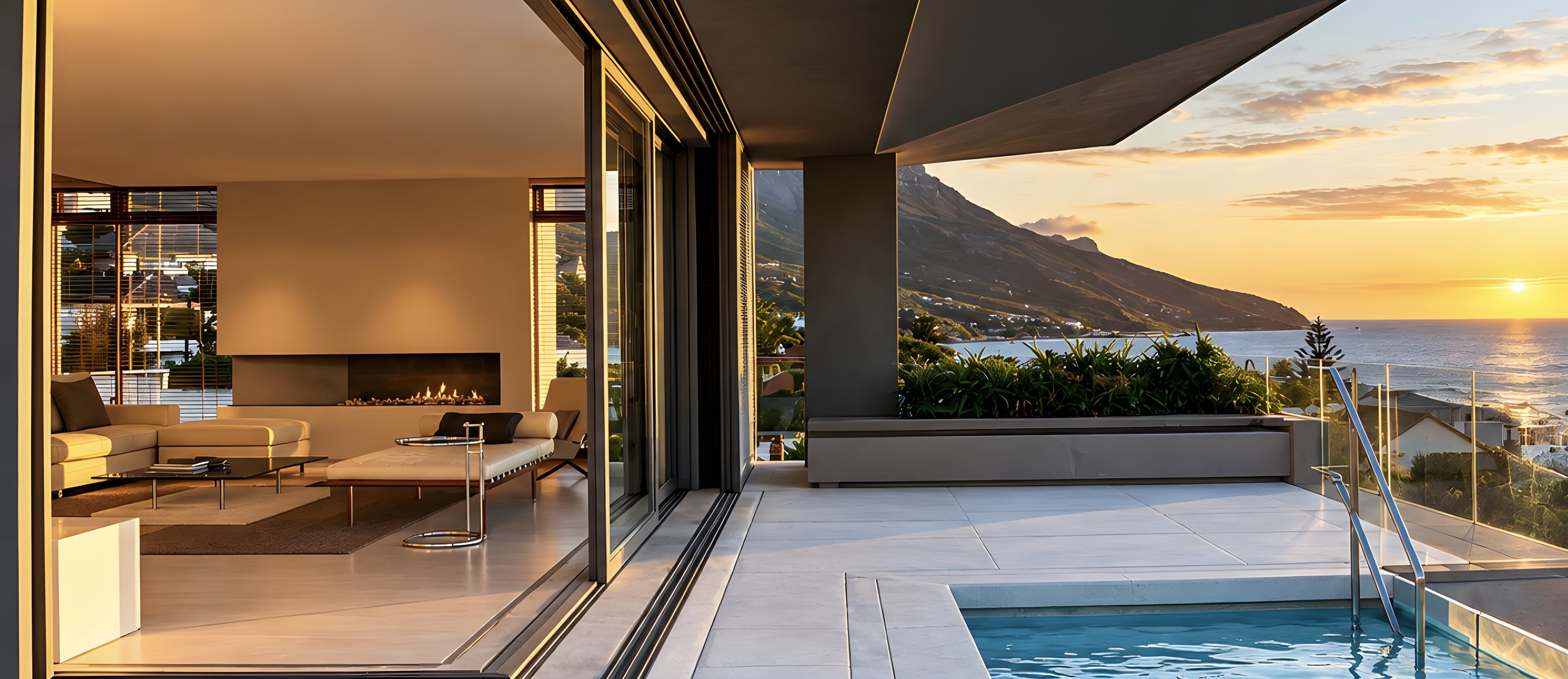 Modern home with an open living room, terrace and pool overlooking the sea at sunset